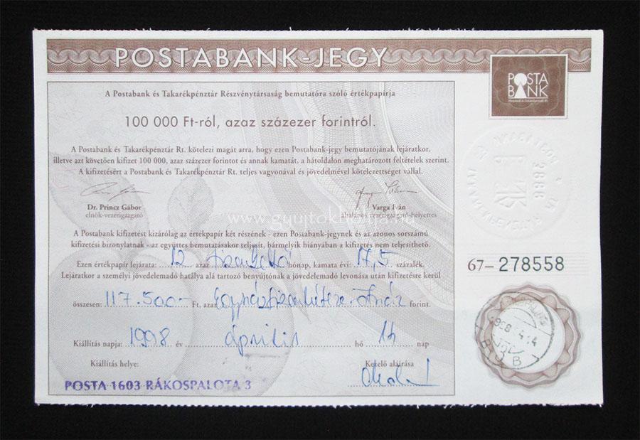 Postabank-jegy 100000 forint 1998